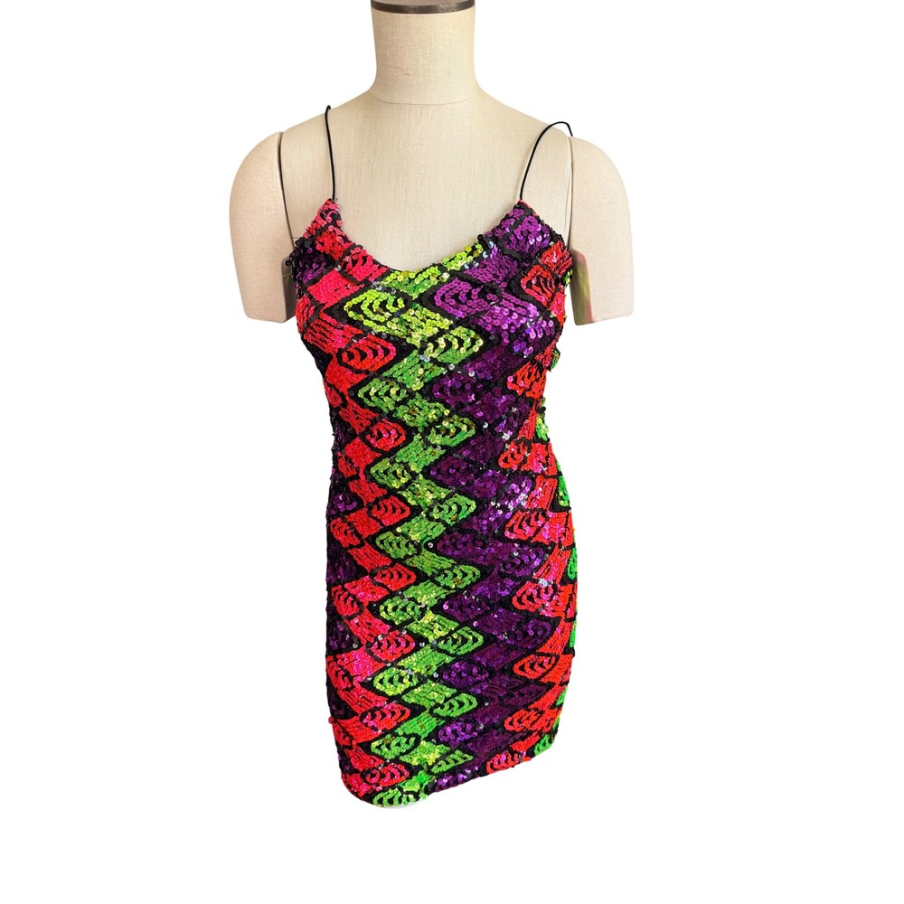 DePat's DeSigns Mini Dress Med. Neon Pink Purple Green Sequin Vintage 80s Disco